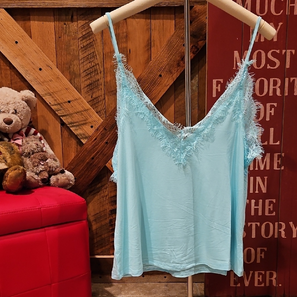 019 POL Light Blue Lace Trim Camisole